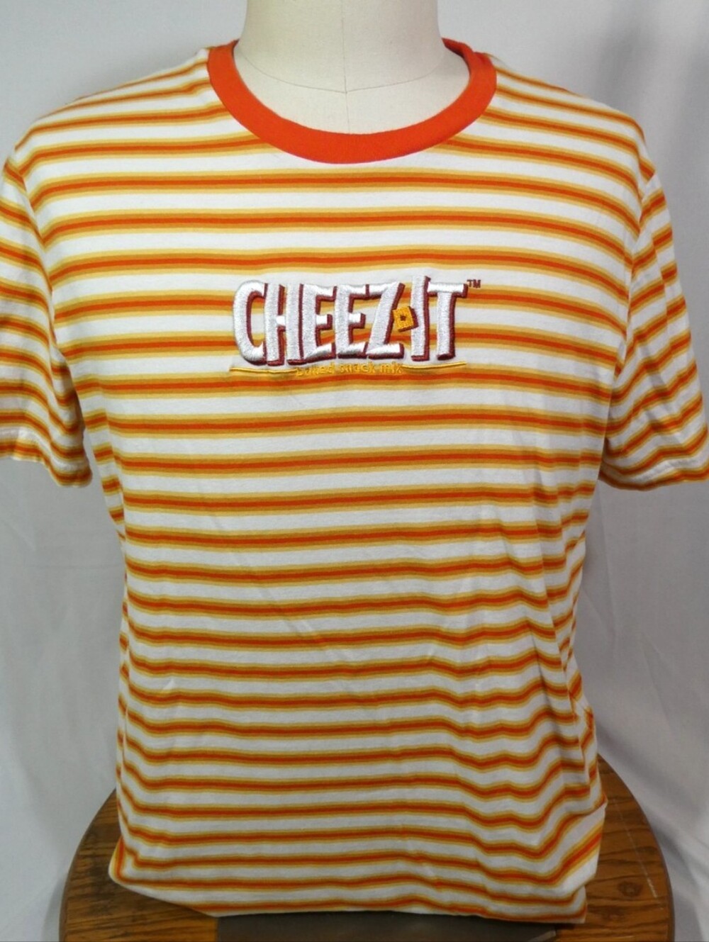 Cheez-It branded short sleeve tee in orange and white stripes